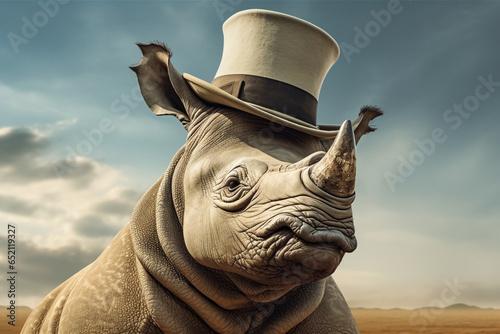 cute rhinoceros animal wearing a hat photo