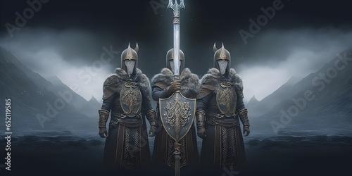 wideangle view forced perspective a group of diversified dd celestial knights a powerful and majestic image captures these holy warriors donned in intricate fullplate armor and superb tribal helmets 