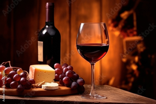 Vineyard Elegance. A Rustic Showcase: Wine, Cheese, and Grapes on a Wooden Table, Surrounded by a Winery's Vintage Charm. Wine Connoisseur's Paradise AI Generative.