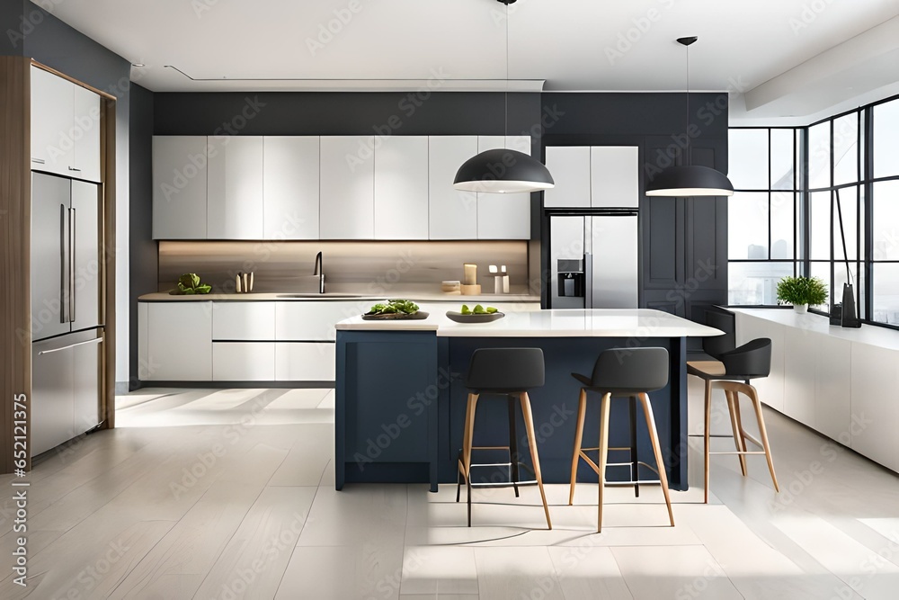 Modern kitchen interior with white furniture, appliances, decor and black refrigerator. Bright and spacious Dining room. Luxury apartment design project. Modern kitchen interior with white furniture, appliances, decor and black refrigerator. Bright and spacious Dining room. Luxury apartment design project.