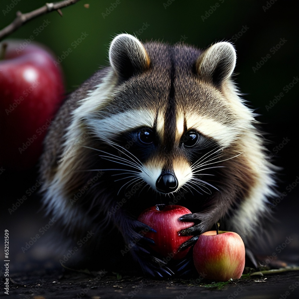 Obraz premium red squirrel eating apple,raccoon, animal, mammal, wildlife, ferret, wild, nature, fur
