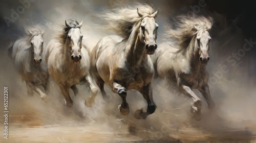 An illustration of a herd of white horses galloping freely across an open field.