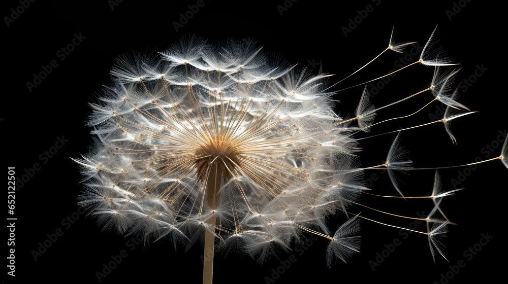 Close-up of white dandelion seeds in the air.