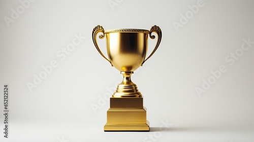 Closeup view of a gold trophy on a white background.