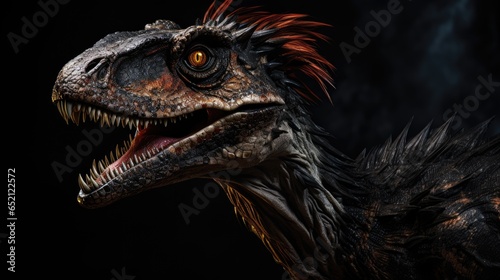 Detailed close-up of a Velociraptor with its ferocious head.