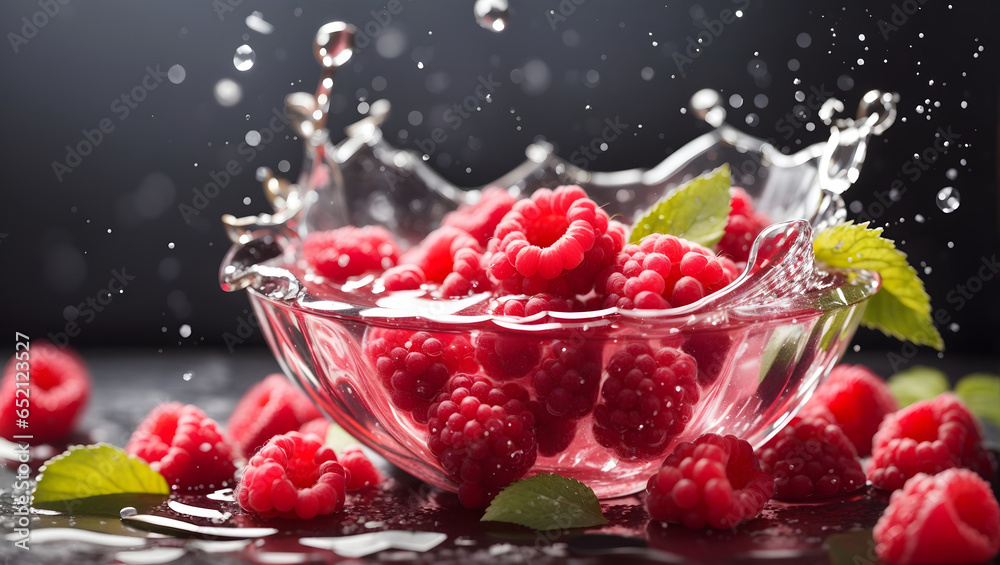 Raspberry fruit and Raspberry slices with leaf water splash in bowl. Image is generated with the use of an Artificial intelligence Raspberry fruit and Raspberry slices with leaf water splash in bowl. Image is generated with the use of an Artificial intelligence