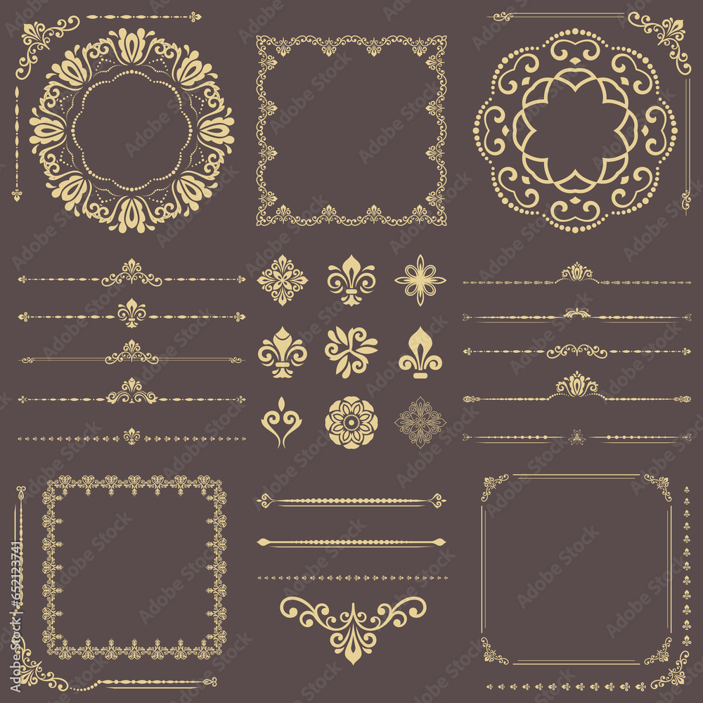 Vintage set of horizontal, square and round elements. Different elements for backgrounds, frames and monograms. Classic patterns. Set of vintage golden patterns - obrazy, fototapety, plakaty 
