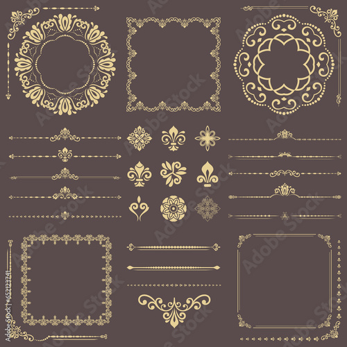 Vintage set of horizontal, square and round elements. Different elements for backgrounds, frames and monograms. Classic patterns. Set of vintage golden patterns