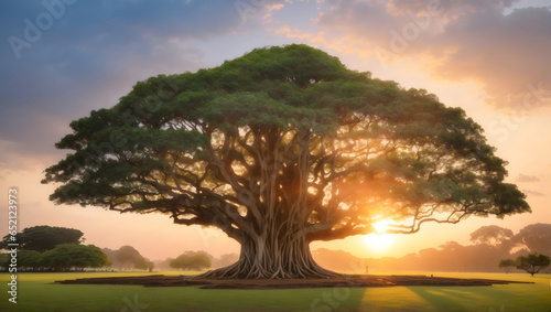 Big size natural banyan tree with the sunrise background. Image is generated with the use of an Artificial intelligence