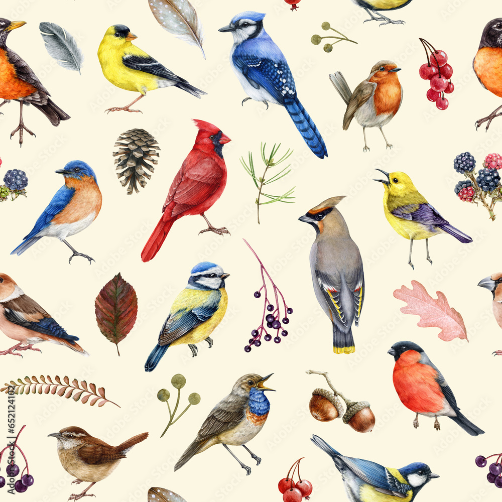 Obraz premium Backyard garden birds seamless pattern. Watercolor illustration. Hand painted red cardinal, bluebird, waxwing, robin with leaves, berries, natural elements seamless pattern. Light background