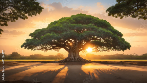 Big size natural banyan tree with the sunrise background. Image is generated with the use of an Artificial intelligence photo