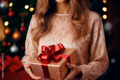 Festive Gift Exchange. A Young Woman Holds a Wrapped Present with a Christmas Tree in the Background. Embracing the Holiday Spirit AI Generative.