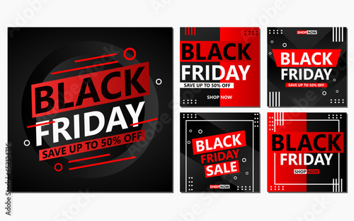 five sets of social media template designs in red and black colors. black friday social media post design for promotion.