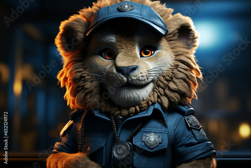 AI Generate A confident  lion dressed as a police officer wearing