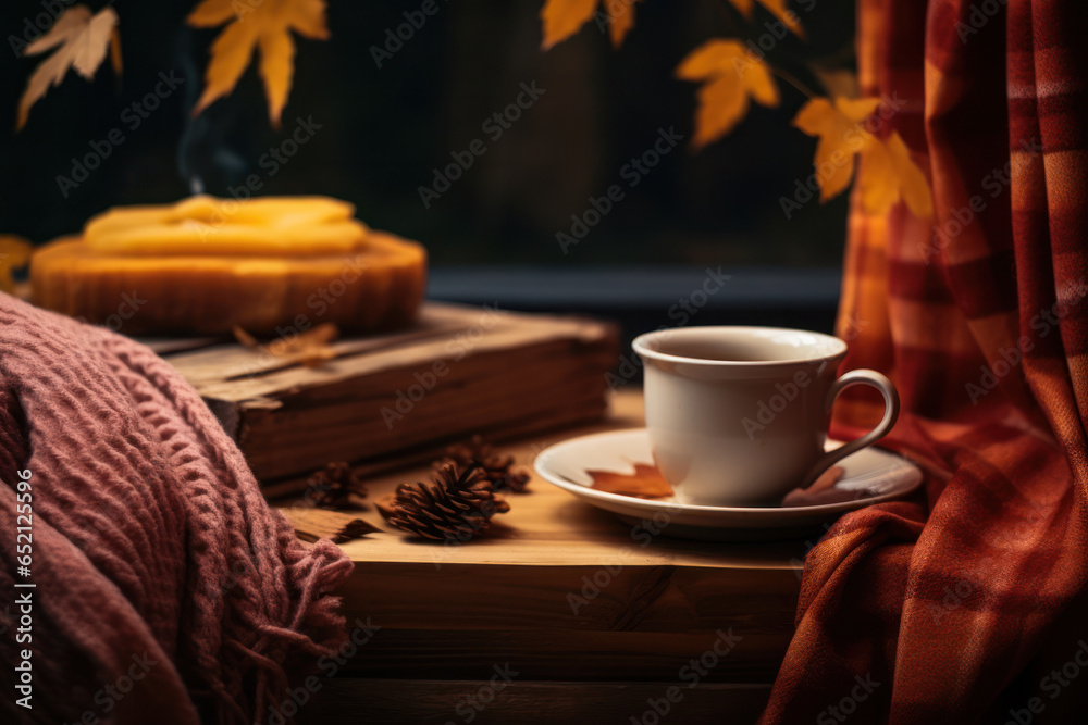 Cup of Coffee with Autumn Leaves, Cozy Vibes Background. Generative AI