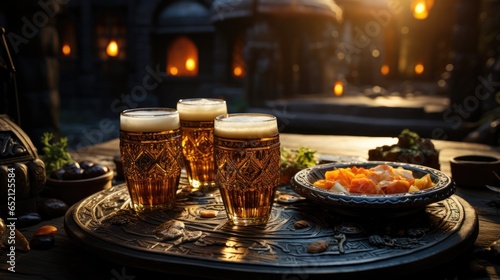 Foamy beer. Two beer glasses and grilled meat on the wooden table.