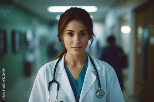 Female Doctor in Hospital, Stethoscope, Medical Uniform, Health Care. Generative AI