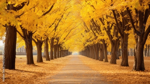 Path in autumn tree alley with maple leaves, AI generated Image