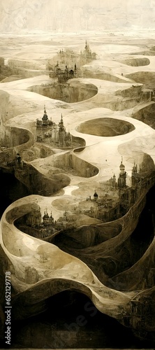 All of the desert of Venice made of only pearls highly detailed overhead map etching black and white hints of gold golden ratio rule of thirds 