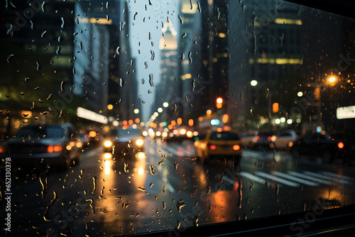 Big city view from car window during rain. Car glass covered with rain drops. Bokeh view of car light and huge skyscrapers through car window. Generative AI