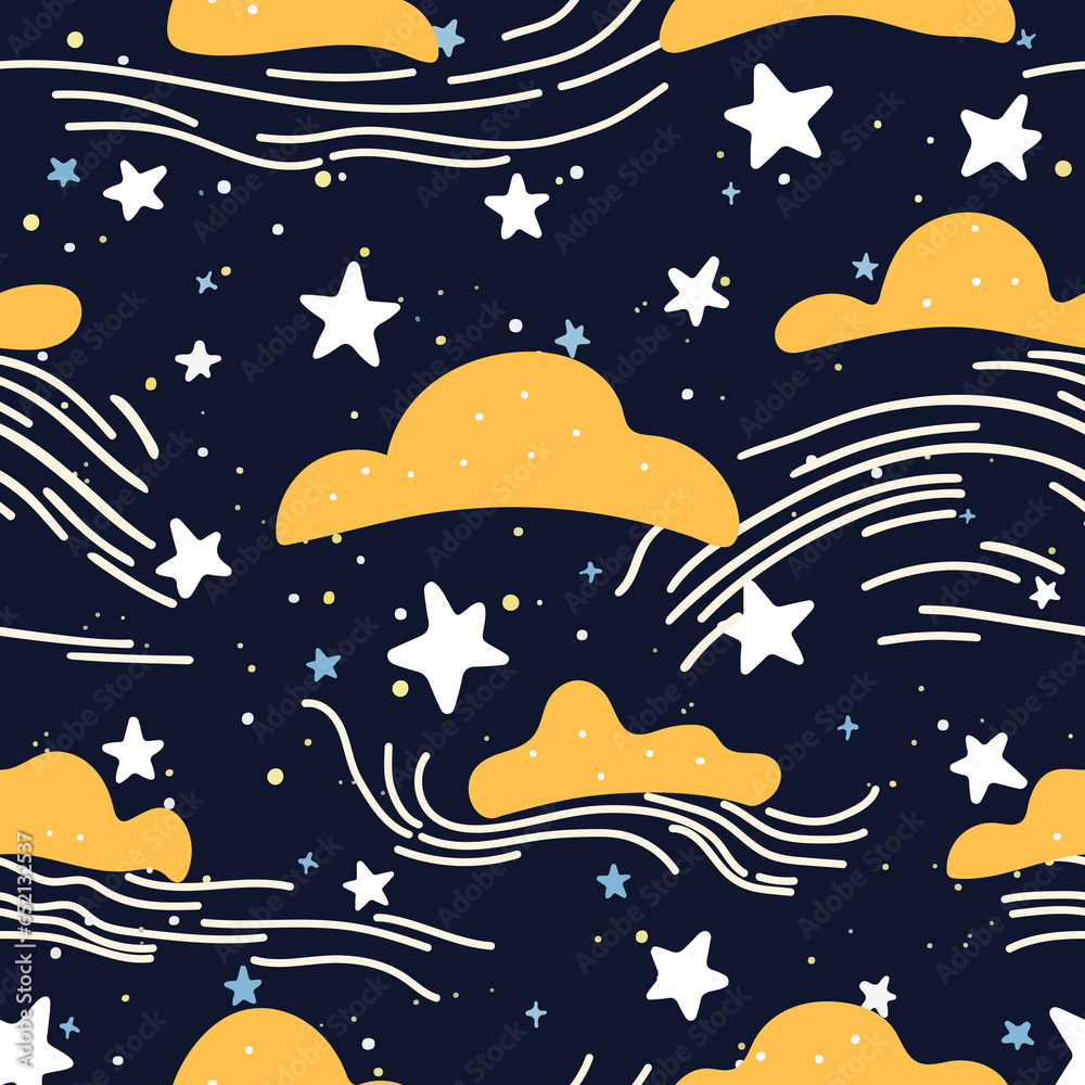 Naklejka premium Cute Starry Night Seamless Pattern in Doodle Scribble Style