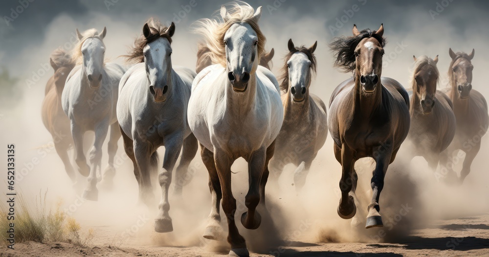 The raw power and grace of stallions captured mid-gallop, with dust trailing behind them The raw power and grace of stallions captured mid-gallop, with dust trailing behind them