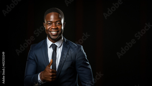 Hübscher Afroamerikanischer Geschäftsmann im Anzug mit Daumen Hoch lächelt Porträt Querformat, ai generativ