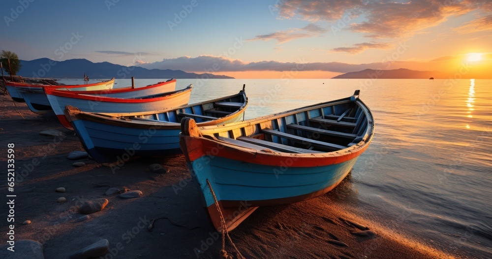 Fototapeta premium Traditional wooden boats lined up on the shore