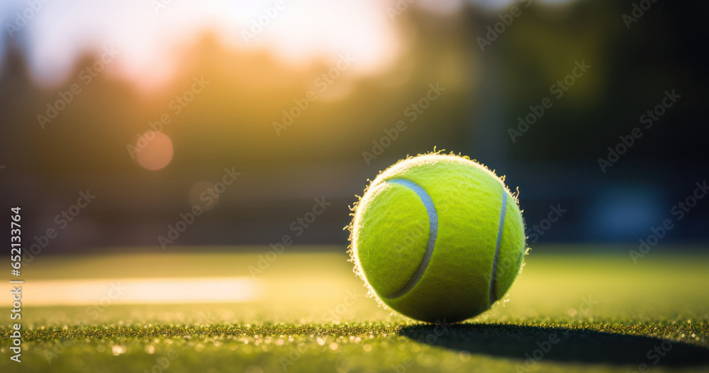 Tennis racket and ball on the court surface