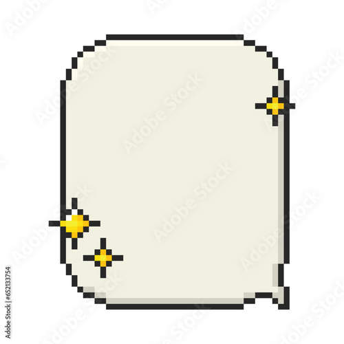 Retro game pixel dialogue box with stars. Speech bubble for card, social media, banner. Vector 8-bit retro style illustration in the mood of 90's aesthetics. 