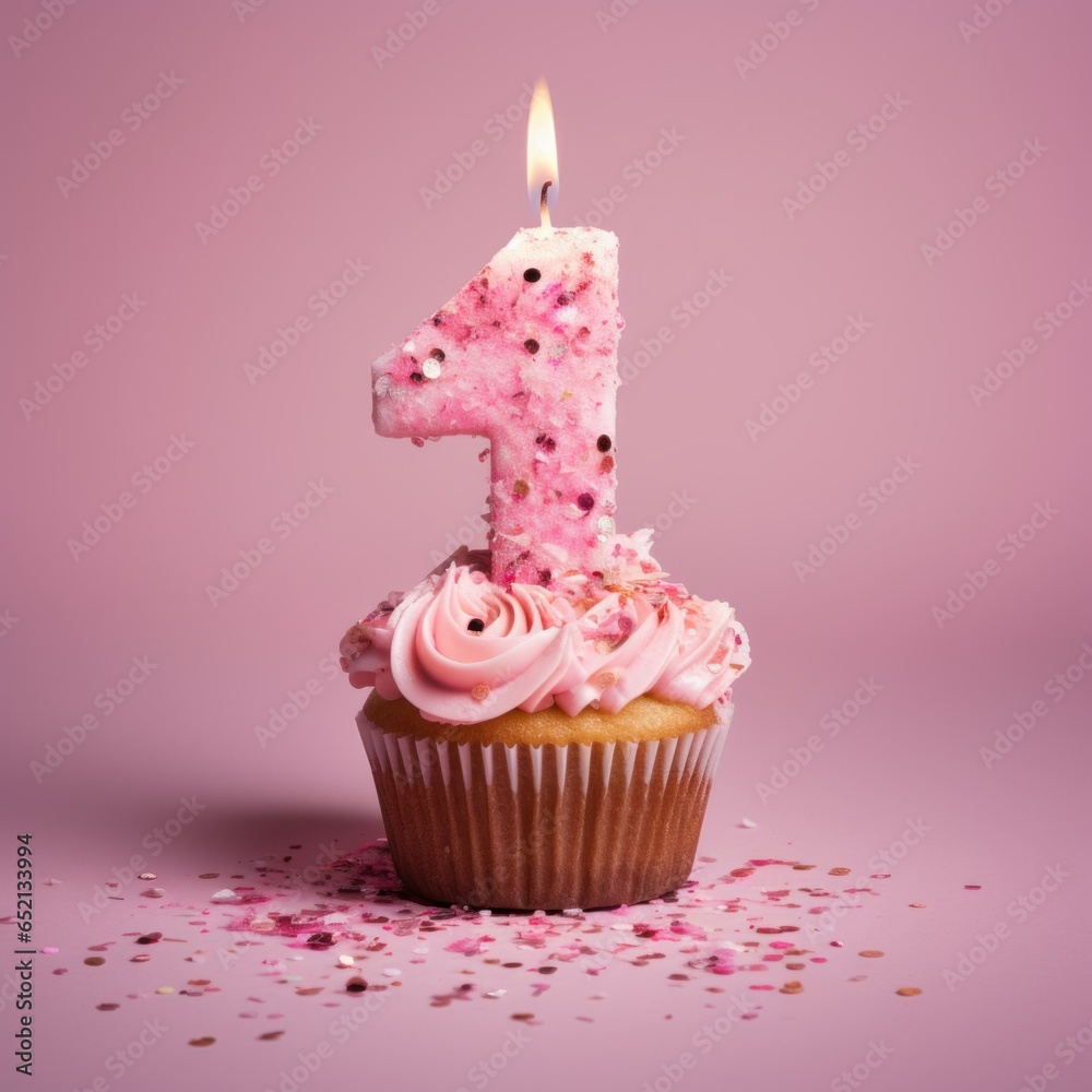 Birthday Cupcake With Number one, Candle  cupcake with a candle in the shape of the number 1