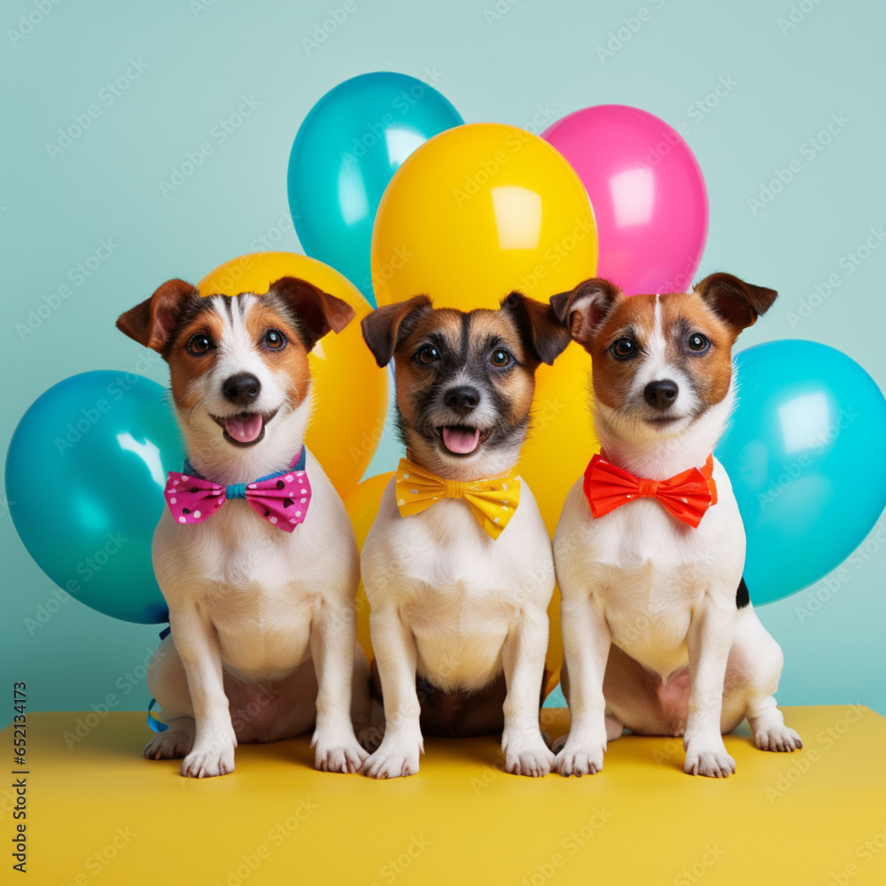 Dog party, birthday celebration and celebration or something fun. Jack Russell with party hats, balloons and confetti