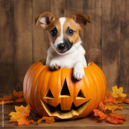 Halloween, pumpkins next to a jack russell terrier, adorable October image