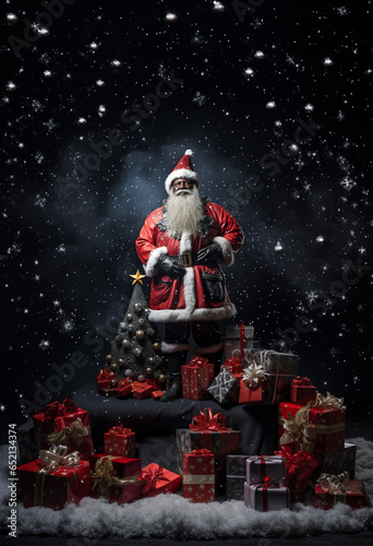 Figurine of Happy and Smiling Black Santa Standing Next to Decorated Christmas Tree. generative ai © Anna Hoychuk