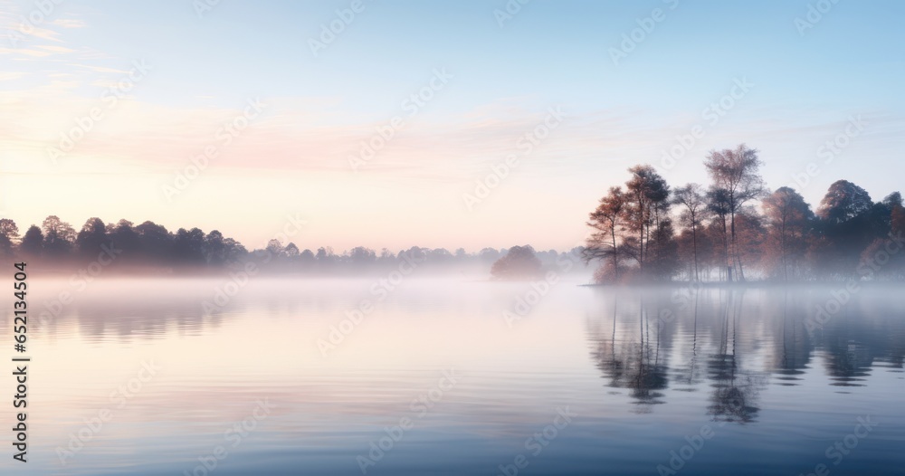 Tranquil lakeside at dawn, with mist rising and the world reflected in still waters Tranquil lakeside at dawn, with mist rising and the world reflected in still waters