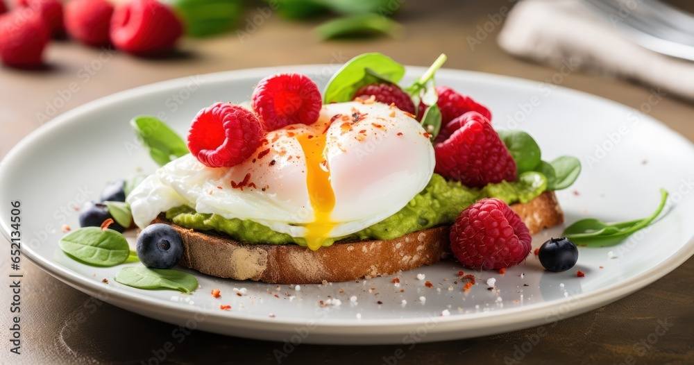 Plate with a perfectly poached egg, avocado toast, and fresh berries
