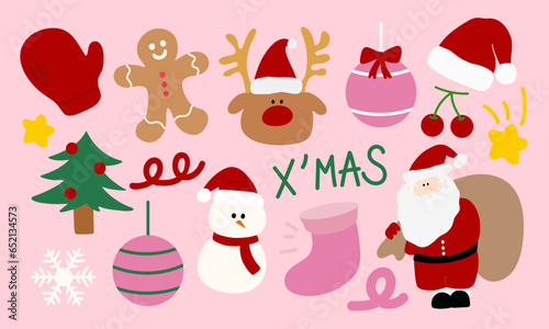 Drawing of Christmas and winter elements including Santa Claus, Christmas tree, Christmas light, reindeer, sock, gingerbread man, snowflake, candy cane and Christmas glove for sticker, decoration