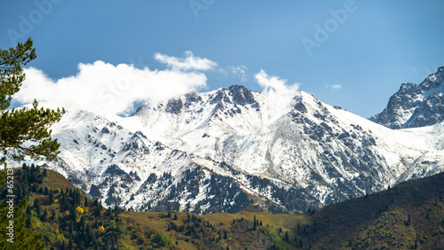 autumn forest at the foot of snowy mountains. autumn in the mountains