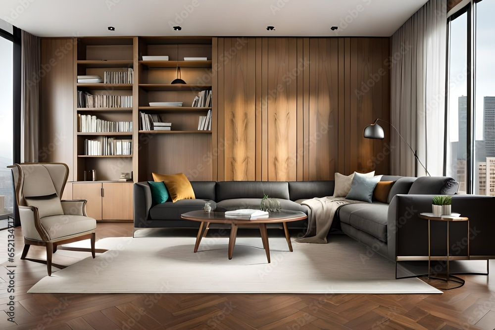 Leather sofa with cushions standing on living room with stylish interior design and collections books on bookshelves in library. Work cabinet in modern apartment. Modern living room