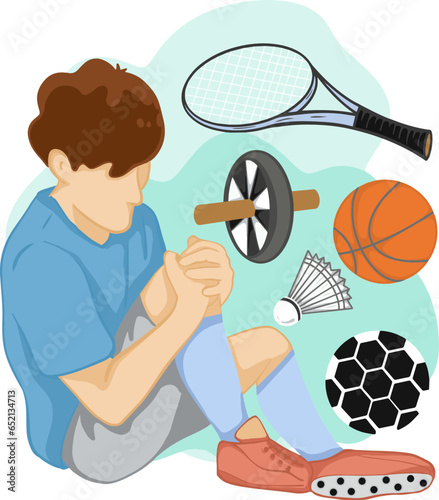 Drawing cartoon of a man who injured his knee while playing sports and exercising.vector illustration
