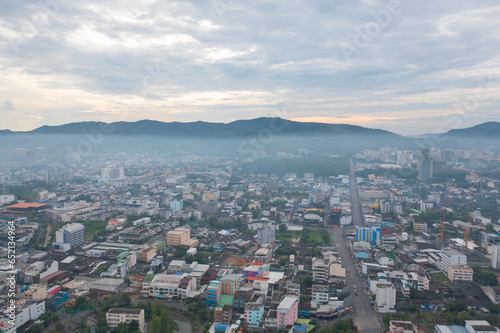 Aerial view of residential neighborhood roofs. Urban housing development from above. Top view. Real estate in Phuket, southern province city, Thailand. Property real estate. photo