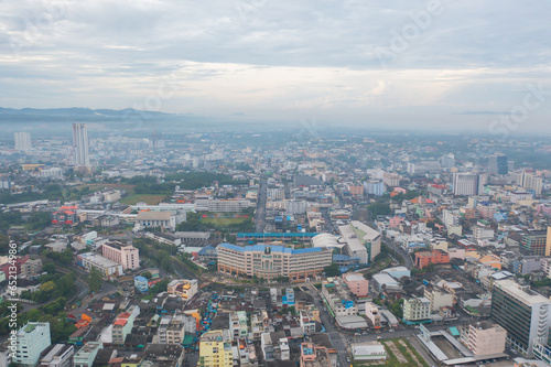 Aerial view of residential neighborhood roofs. Urban housing development from above. Top view. Real estate in Phuket, southern province city, Thailand. Property real estate.