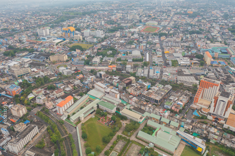 Aerial view of residential neighborhood roofs. Urban housing development from above. Top view. Real estate in Phuket, southern province city, Thailand. Property real estate.