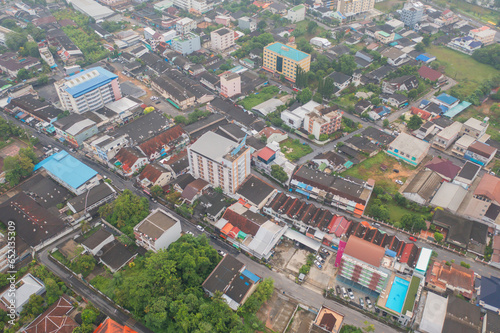 Aerial view of residential neighborhood roofs. Urban housing development from above. Top view. Real estate in Phuket, southern province city, Thailand. Property real estate.