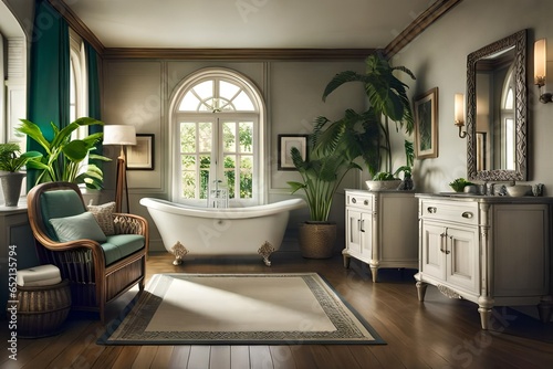 Comfortable bathroom with interior design in boho chic style  bathtub  vintage commode with mirror  wicker armchair  fluffy carpet and green houseplants in flowerpots. 3d illustration