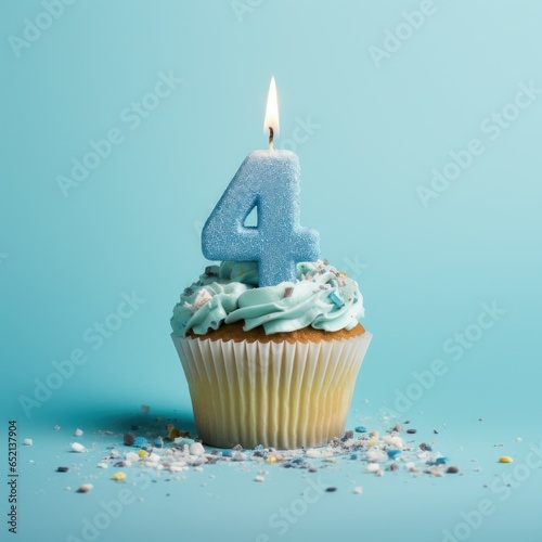 Birthday Cupcake With Number four, Candle  cupcake with a candle in the shape of the number 4