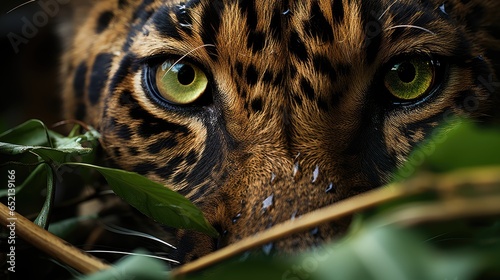 macro eye cheeta behind leaves photo