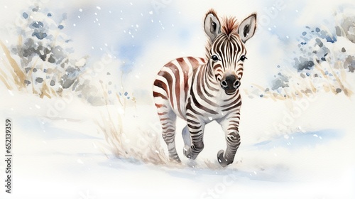  a painting of a zebra running through the snow in a field.  generative ai
