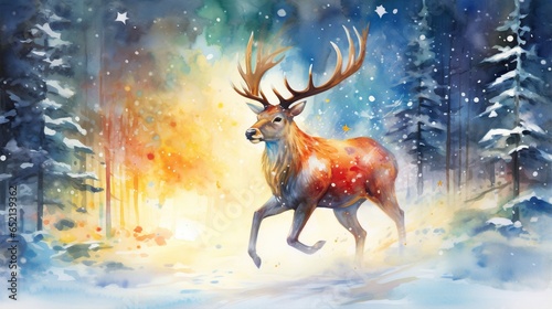  a painting of a deer running through a snowy forest with trees. generative ai