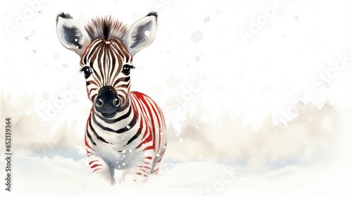  a painting of a zebra standing in the snow with snow flakes.  generative ai